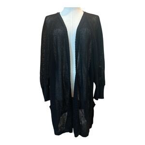 Lauren Ralph Lauren Women’s 1X Linen Blend Open Front Cardigan Black Sweater